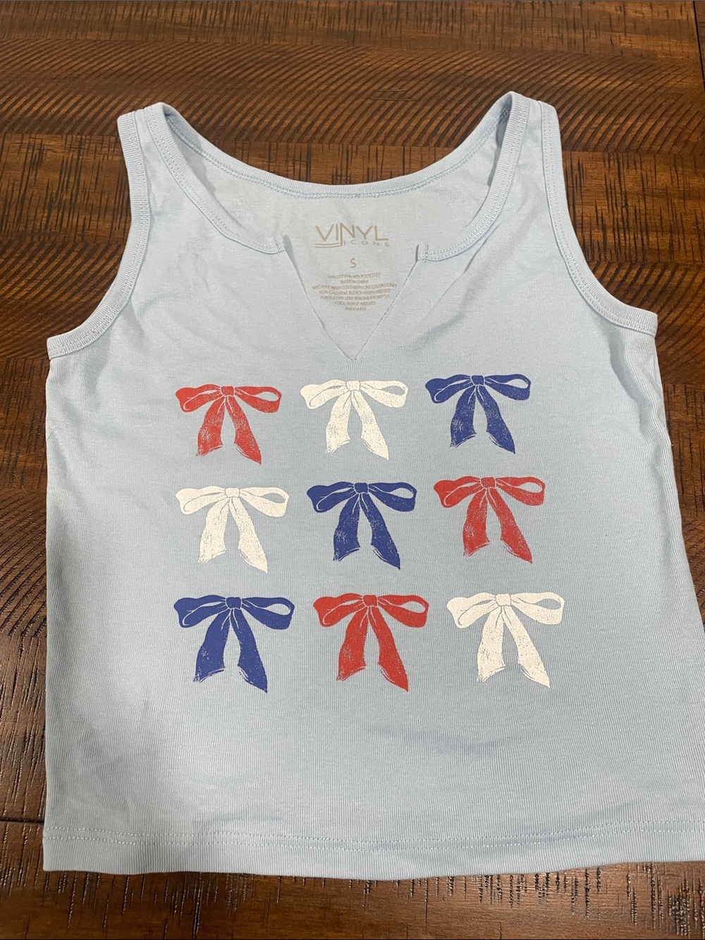 Light Blue Tank Top with Red, White & Blue Bow Print - Vinyl
